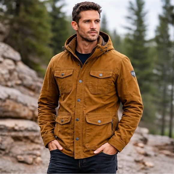 KÜHL Kollusion Waxed Canvas Hooded Jacket Brown Men’s Medium EUC - Picture 1 of 16